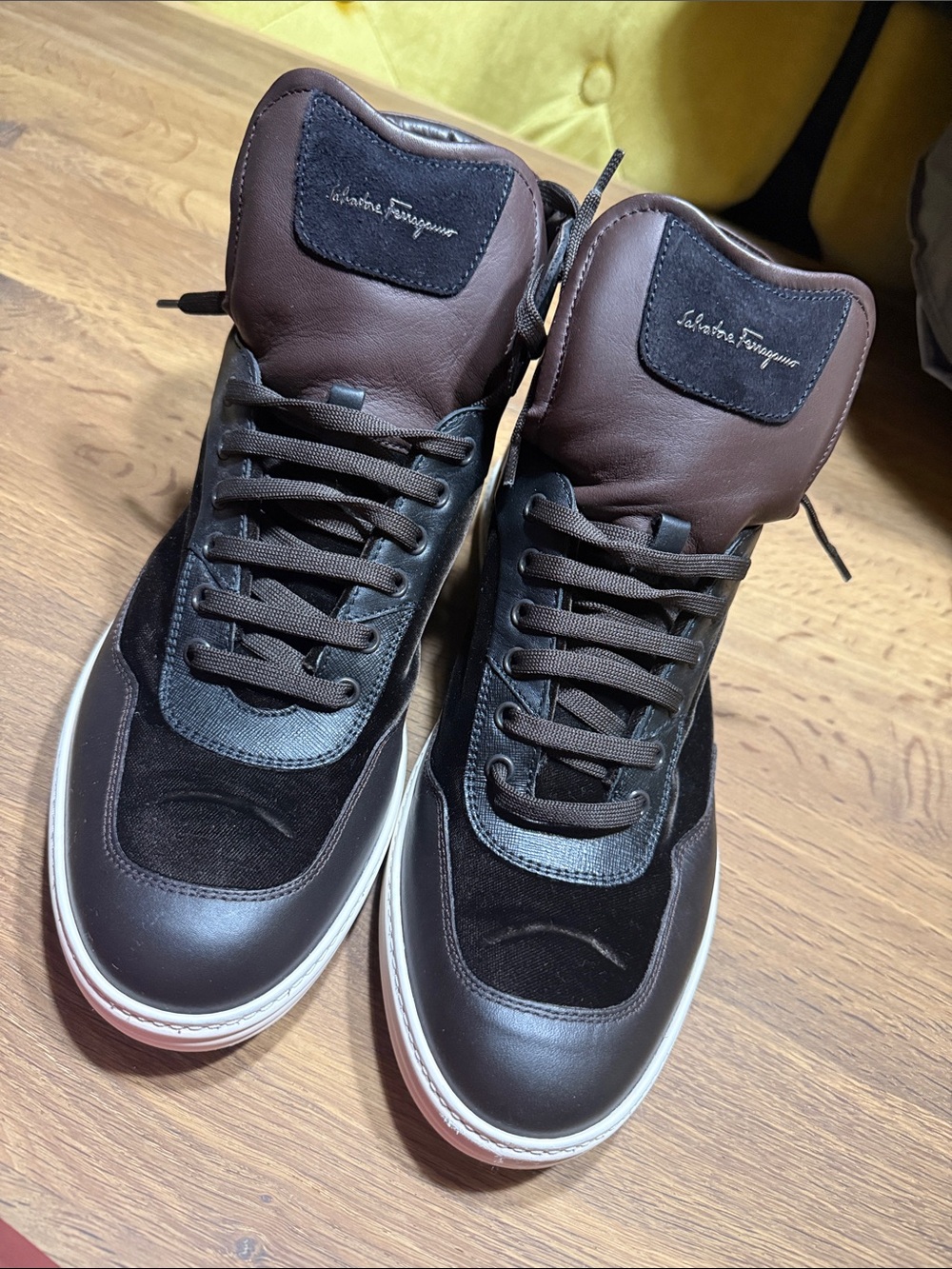 Salvatore Ferragamo Brown and Black High-Top Sneakers